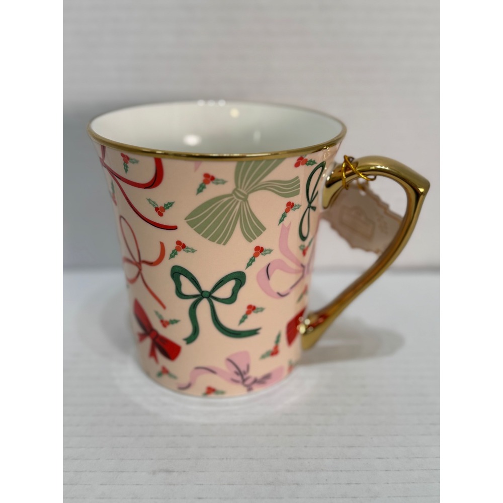 10 Strawberry Street Bow Christmas‎ 20oz Ceramic Coffee Mug Gold Accents- NWT